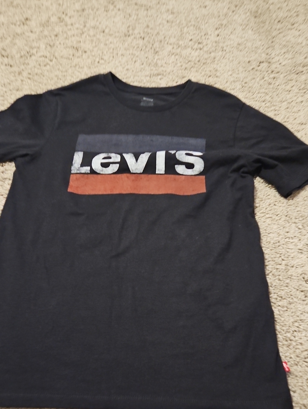 Levi's Black Crewneck T-Shirt with Blue and Rust Logo Stripes